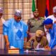 President Tinubu, flanked by top-ranking officials including Senate President Godswill Akpabio and House of Representatives Speaker Tajudeen Abbas