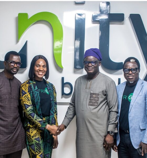 L-R: Mr. Wale Ogunride, Zonal Head, Lagos and South West, Unity Bank Plc; Ebehijie Momoh, Managing Director, AfriGo; Mr. Ebenezer Kolawole, Managing Director/CEO, Unity Bank Plc; and Mr. Ugo Obasi, Chief Operating Officer, AfriGo during AfriGo team's visit to Unity Bank Head office recently.
