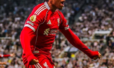 16-year-old Rio Ngumoha celebrated his winning goal for Liverpool in front of the Newcastle fans