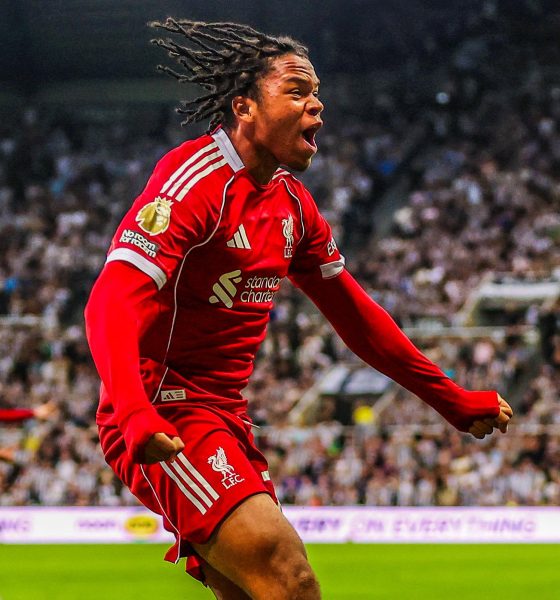 16-year-old Rio Ngumoha celebrated his winning goal for Liverpool in front of the Newcastle fans