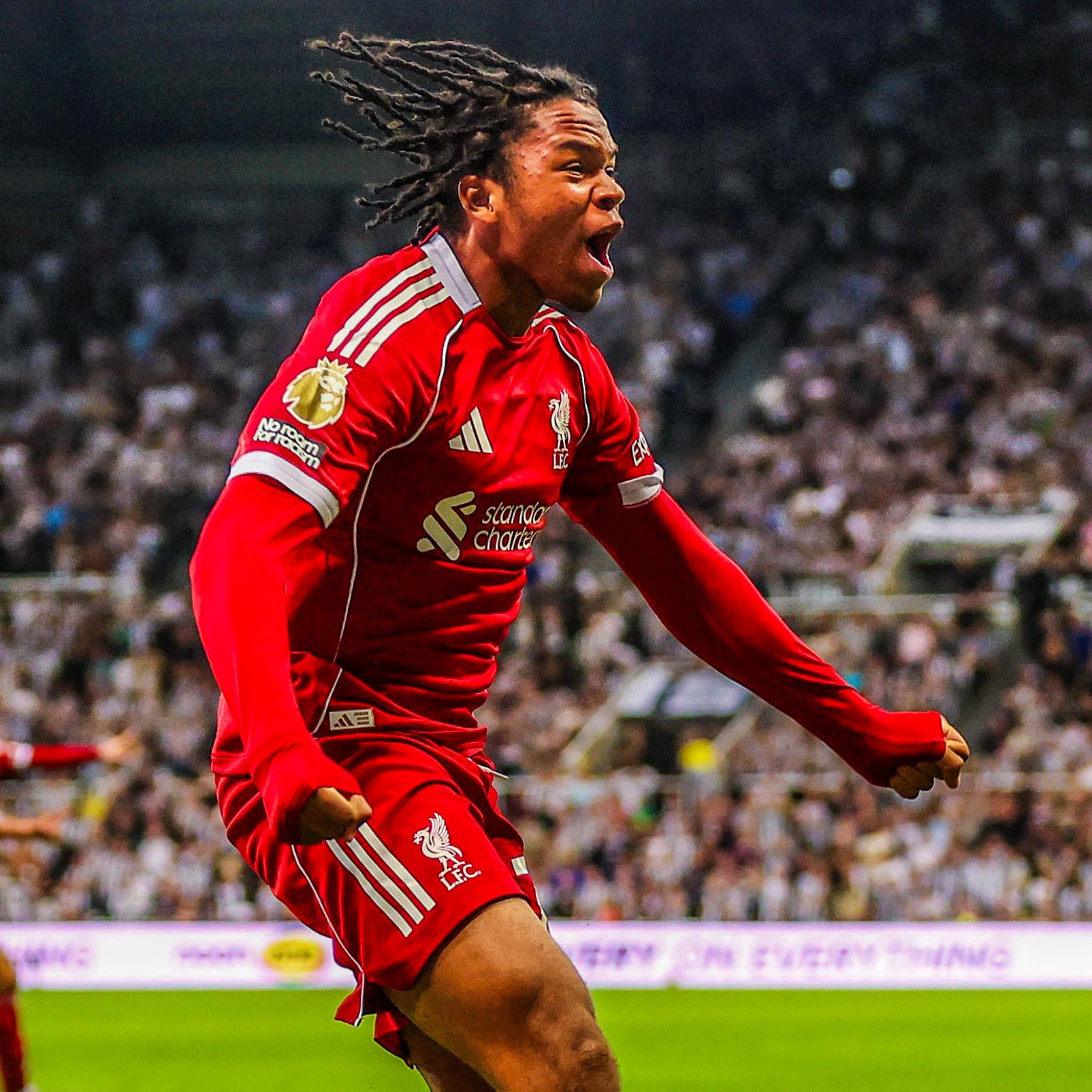 16-year-old Rio Ngumoha celebrated his winning goal for Liverpool in front of the Newcastle fans