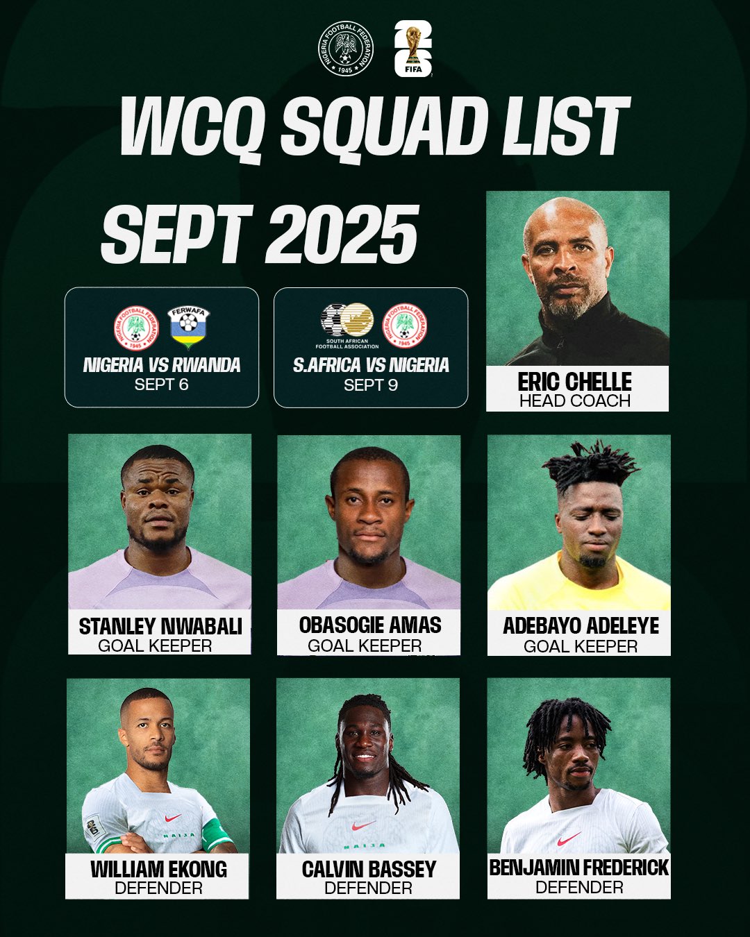 Eric Chelle names Nigeria squad vs Rwanda and South Africa