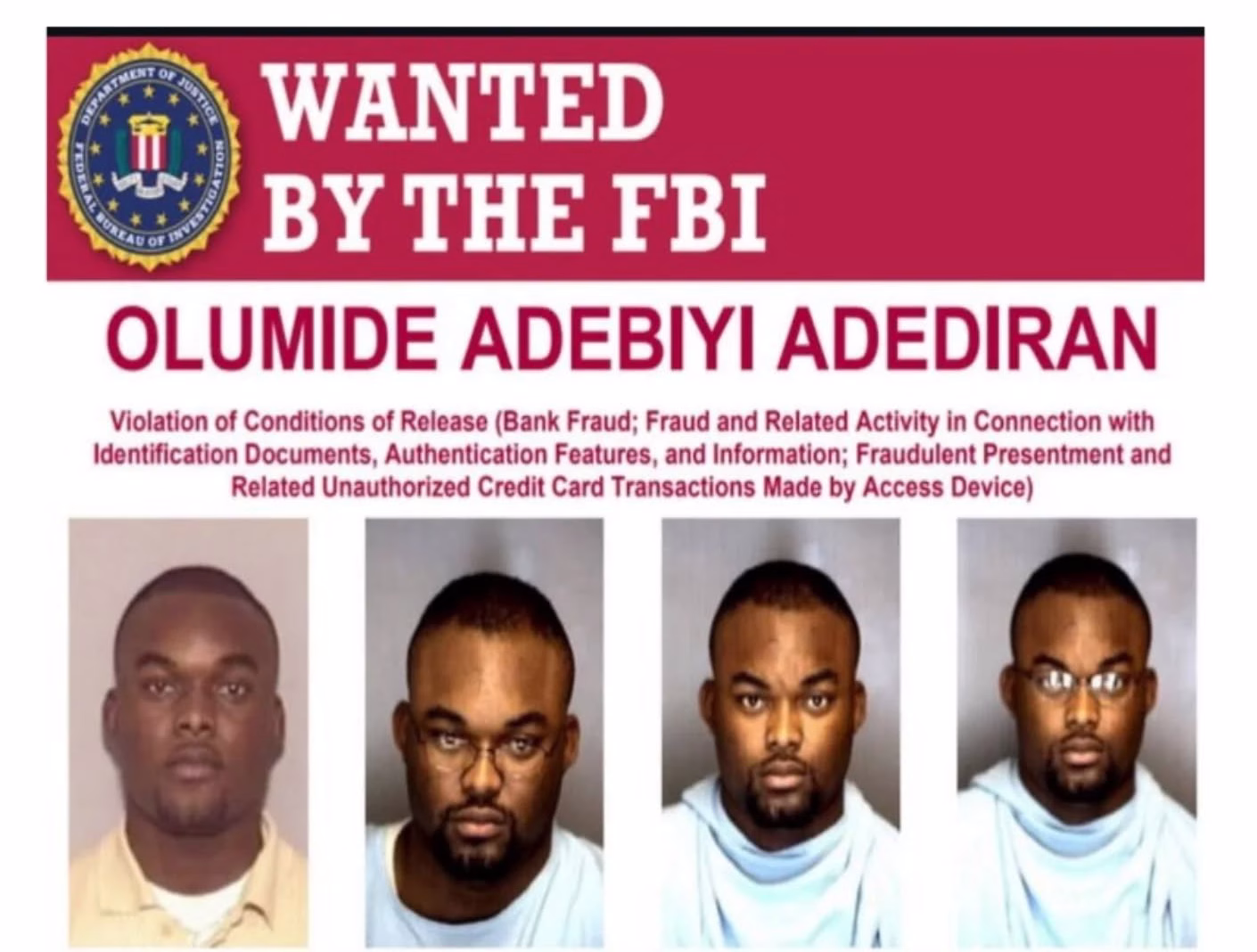 FBI Offers $10,000 Reward for Nigerian Fugitive Olumide Adediran