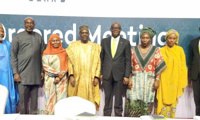 EGM: From left: Mr. Usman Abdulkadir, Executive Director, Risk Management and Compliance; Mr. Sam Okagbue, Non-Executive Director; Hajiya Yabawa Lawan Wabi, Non-Executive Director; Alhaji Hafiz Mohammed Bashir, Acting Chairman; Mr. Ebenezer Kolawole, Managing Director/CEO (Ag.); Prof. Iyabo Obasanjo, Non-Executive Director; Hajiya Halima Babangida, Non-Executive Director; and Mr. Alaba Williams, Company Secretary during the court-ordered meeting of Unity Bank Plc on the proposed merger with Prov