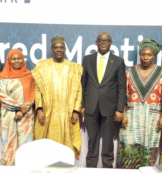 EGM: From left: Mr. Usman Abdulkadir, Executive Director, Risk Management and Compliance; Mr. Sam Okagbue, Non-Executive Director; Hajiya Yabawa Lawan Wabi, Non-Executive Director; Alhaji Hafiz Mohammed Bashir, Acting Chairman; Mr. Ebenezer Kolawole, Managing Director/CEO (Ag.); Prof. Iyabo Obasanjo, Non-Executive Director; Hajiya Halima Babangida, Non-Executive Director; and Mr. Alaba Williams, Company Secretary during the court-ordered meeting of Unity Bank Plc on the proposed merger with Prov