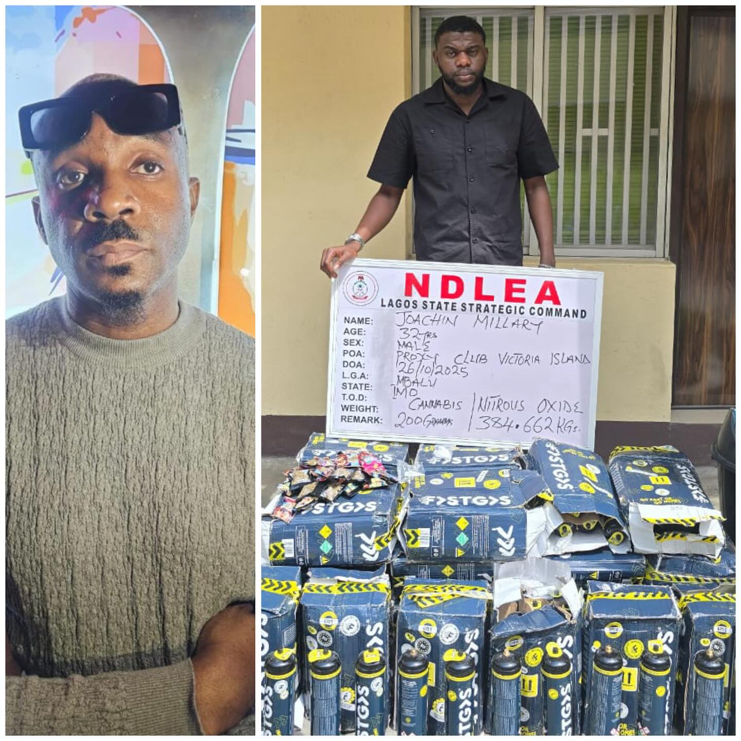 NDLEA arrests Pretty Mike during drug party raid at Lagos nightclub, seizes 384kg of cannabis.