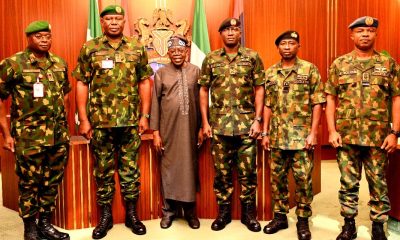 President Tinubu meets the newly nominated service chiefs From Left: Chief of Defence Intelligence, Maj. Gen. Emmanuel Undiandeye; Chief of Defence Staff, Lieutenant General Olufemi Olatubosun Oluyede; President Bola Ahmed Tinubu; Chief of Army Staff, Major General Waidi Shaibu; Chief of Naval Staff, Rear Admiral Idi Abbas and Chief of Air Staff, Air Vice Marshal Sunday Aneke, during the president's audience with the newly nominated Service Chiefs at the Presidential Villa, Abuja, on Monday.