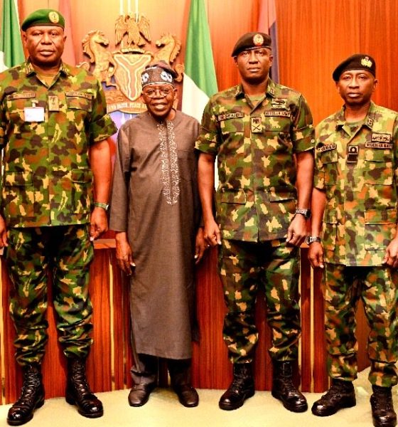 President Tinubu meets the newly nominated service chiefs From Left: Chief of Defence Intelligence, Maj. Gen. Emmanuel Undiandeye; Chief of Defence Staff, Lieutenant General Olufemi Olatubosun Oluyede; President Bola Ahmed Tinubu; Chief of Army Staff, Major General Waidi Shaibu; Chief of Naval Staff, Rear Admiral Idi Abbas and Chief of Air Staff, Air Vice Marshal Sunday Aneke, during the president's audience with the newly nominated Service Chiefs at the Presidential Villa, Abuja, on Monday.