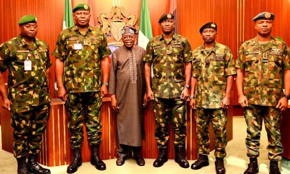 President Tinubu meets the newly nominated service chiefs From Left: Chief of Defence Intelligence, Maj. Gen. Emmanuel Undiandeye; Chief of Defence Staff, Lieutenant General Olufemi Olatubosun Oluyede; President Bola Ahmed Tinubu; Chief of Army Staff, Major General Waidi Shaibu; Chief of Naval Staff, Rear Admiral Idi Abbas and Chief of Air Staff, Air Vice Marshal Sunday Aneke, during the president's audience with the newly nominated Service Chiefs at the Presidential Villa, Abuja, on Monday.