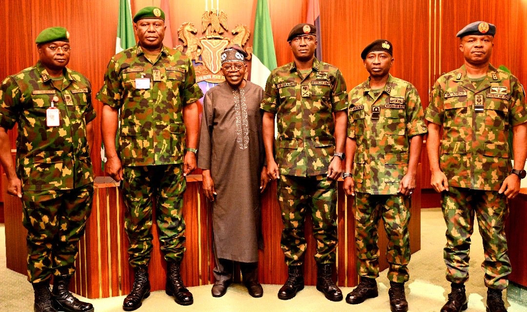 President Tinubu meets the newly nominated service chiefs From Left: Chief of Defence Intelligence, Maj. Gen. Emmanuel Undiandeye; Chief of Defence Staff, Lieutenant General Olufemi Olatubosun Oluyede; President Bola Ahmed Tinubu; Chief of Army Staff, Major General Waidi Shaibu; Chief of Naval Staff, Rear Admiral Idi Abbas and Chief of Air Staff, Air Vice Marshal Sunday Aneke, during the president's audience with the newly nominated Service Chiefs at the Presidential Villa, Abuja, on Monday.