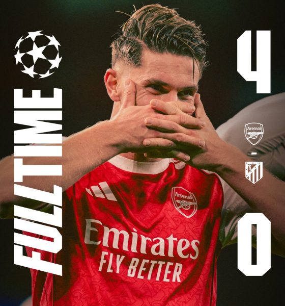 Arsenal crush Atletico Madrid 4–0 in the Champions League with a stunning 13-minute second-half blitz. Gyökeres scores twice; Rice stars with four assists.
