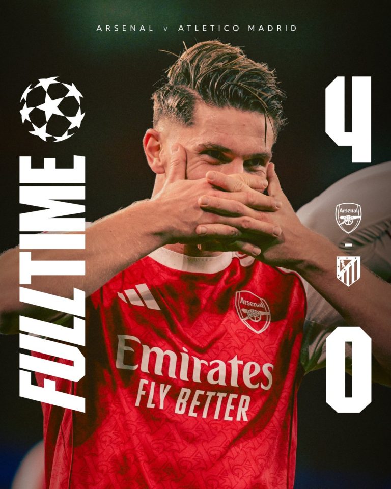 Arsenal crush Atletico Madrid 4–0 in the Champions League with a stunning 13-minute second-half blitz. Gyökeres scores twice; Rice stars with four assists.