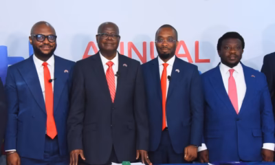 Independent Non- Executive Director, Abbey Mortgage Bank Plc, Mrs. Christabel Onyejekwe; Assistant Company Secretary, Martins Bakare; Chairman, High Chief Samuel Oni; Managing Director/CEO, Mobolaji Adewumi; Executive Director, Oladipupo Adeoye; Executive Director, John Okonkwo during the 34th Annual General Meeting of Abbey Mortgage Bank Plc in Lagos yesterday.