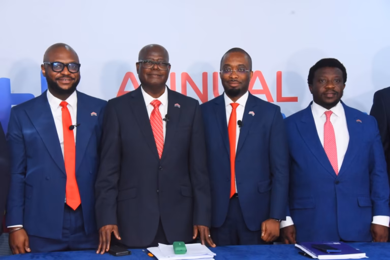 Independent Non- Executive Director, Abbey Mortgage Bank Plc, Mrs. Christabel Onyejekwe; Assistant Company Secretary, Martins Bakare; Chairman, High Chief Samuel Oni; Managing Director/CEO, Mobolaji Adewumi; Executive Director, Oladipupo Adeoye; Executive Director, John Okonkwo during the 34th Annual General Meeting of Abbey Mortgage Bank Plc in Lagos yesterday.