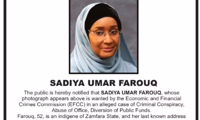 EFCC Declares Ex-Minister Sadiya Farouq Wanted Over Alleged ₦746m Fraud