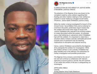 Nigerian Army Clarifies Arrest of Justice Crack Over Alleged Incitement