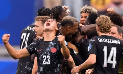 Stephen Eustaquio celebrates after scoring Canada's stoppage-time winner against South Africa in the FIFA World Cup 2026 Round of 32.