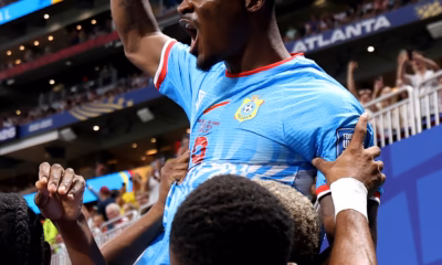Brian Cipenga celebrates after scoring DR Congo's opening goal against England in the FIFA World Cup 2026 Round of 32 match in Atlanta.