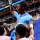 Brian Cipenga celebrates after scoring DR Congo's opening goal against England in the FIFA World Cup 2026 Round of 32 match in Atlanta.